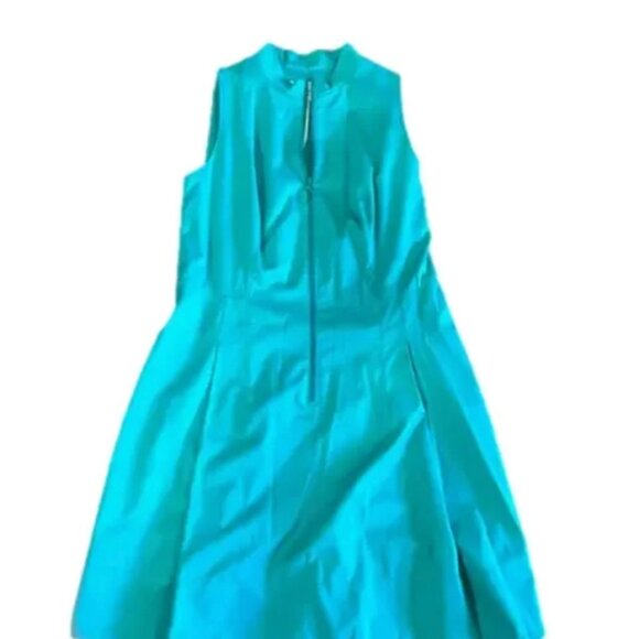 Akris Punto High Neck Zip Front Fit & Flare Dress in Teal size 12 - Picture 8 of 9